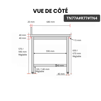 Table inox soubassement 700 x 700 mm adossée avec renfort / GOLDINOX