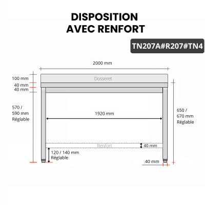 Table inox soubassement 2000 x 700 mm adossée avec renfort / GOLDINOX