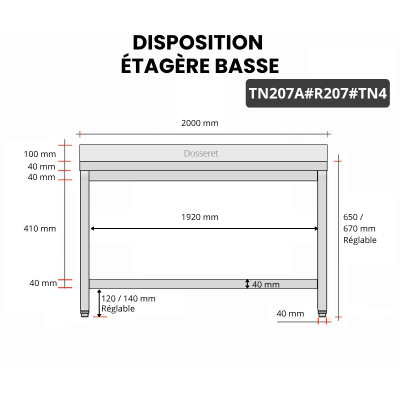 Table inox soubassement 2000 x 700 mm adossée avec renfort / GOLDINOX