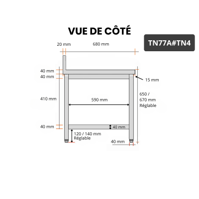 Table inox soubassement 700 x 700 mm adossée / GOLDINOX