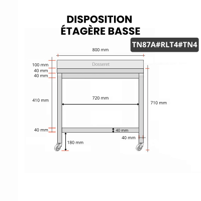 Table inox soubassement 800 x 700 mm adossée sur roulettes / GOLDINOX