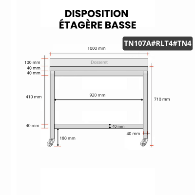 Table inox soubassement 1000 x 700 mm adossée sur roulettes / GOLDINOX