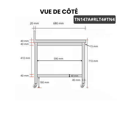 Table inox soubassement 1400 x 700 mm adossée sur roulettes / GOLDINOX