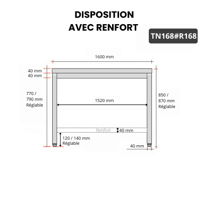 Table inox 1600 x 800 mm avec renfort / GOLDINOX