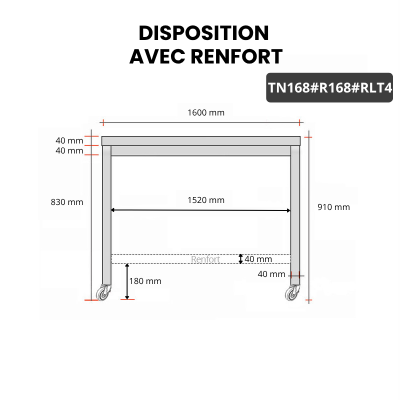 Table inox 1600 x 800 mm avec renfort sur roulettes / GOLDINOX