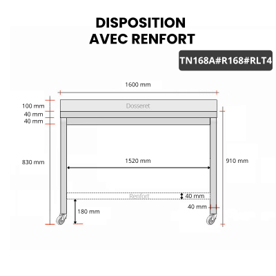 Table inox 1600 x 800 mm adossée avec renfort sur roulettes / GOLDINOX