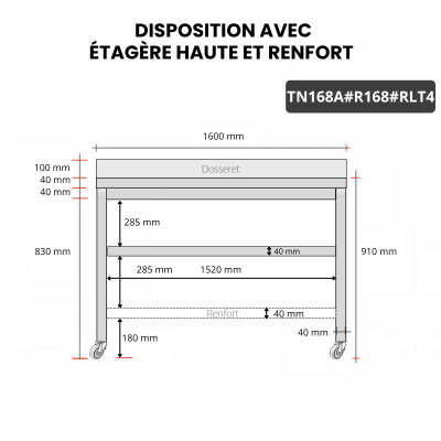 Table inox 1600 x 800 mm adossée avec renfort sur roulettes / GOLDINOX