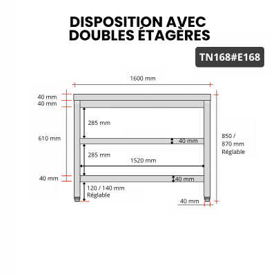 Table inox 1600 x 800 mm avec 2 étagères / GOLDINOX