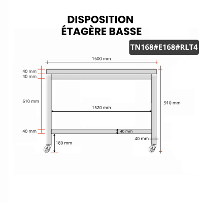 Table inox 1600 x 800 mm avec 2 étagères sur roulettes / GOLDINOX