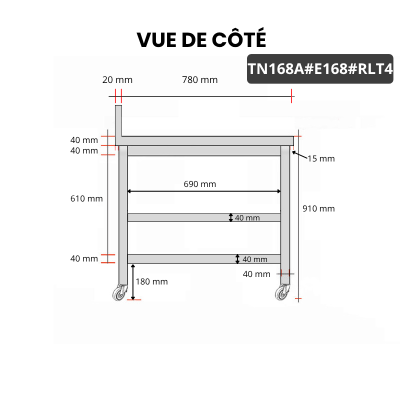 Table inox 1600 x 800 mm adossée avec 2 étagères sur roulettes / GOLDINOX