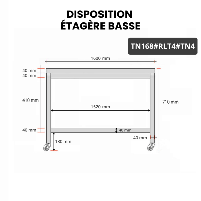 Table inox soubassement 1600 x 800 mm sur roulettes / GOLDINOX 