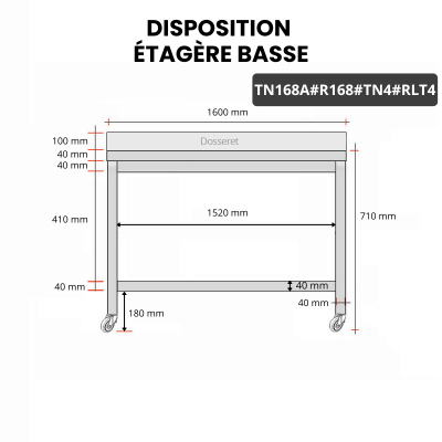 Table inox soubassement 1600 x 800 mm adossée avec renfort sur roulettes / GOLDINOX 