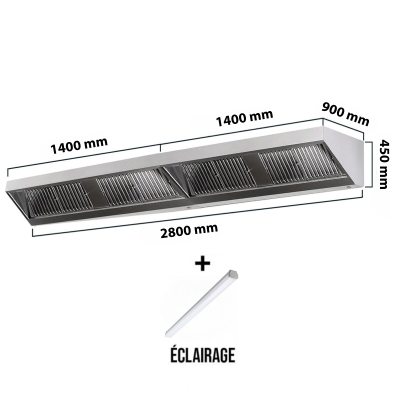 Hotte murale sans moteur 2800x900x450 mm avec éclairage, filtre et robinet de vidange PREMIUM / GOLDINOX
