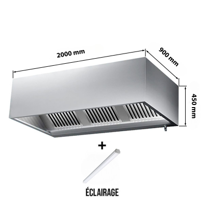 Hotte caisson sans moteur 2000x900x450 mm avec éclairage, filtre et robinet de vidange PREMIUM / GOLDINOX