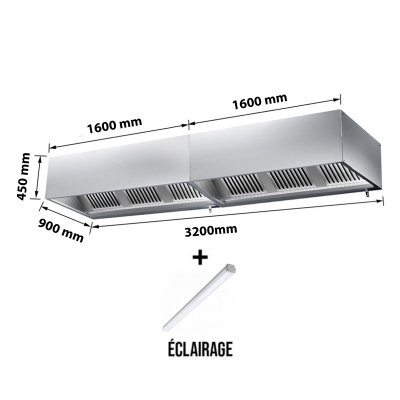 Hotte caisson sans moteur 3200x900x450 mm avec éclairage, filtre et robinet de vidange PREMIUM / GOLDINOX