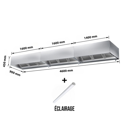 Hotte caisson sans moteur 4600x900x450 mm avec éclairage, filtre et robinet de vidange PREMIUM / GOLDINOX