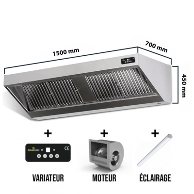 Hotte murale avec moteur 1500x700x450 mm avec variateur, éclairage, filtre et robinet de vidange PREMIUM / GOLDINOX