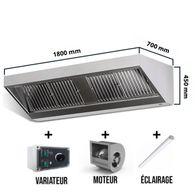 Hotte murale avec moteur 1800x700x450 mm avec variateur, éclairage, filtre et robinet de vidange PREMIUM / GOLDINOX