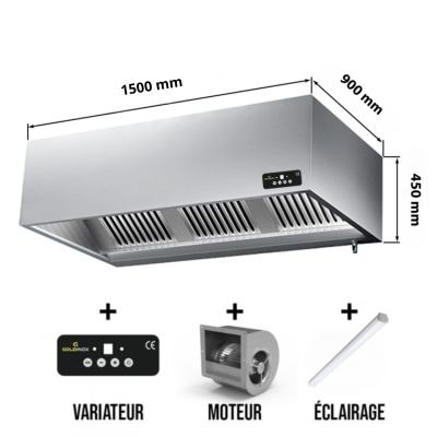 Hotte caisson avec moteur 1500x900x450 mm avec variateur, éclairage, filtre et robinet de vidange PREMIUM / GOLDINOX