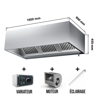 Hotte caisson avec moteur 1600x900x450 mm avec variateur, éclairage, filtre et robinet de vidange (Puissant) PREMIUM / GOLDINOX