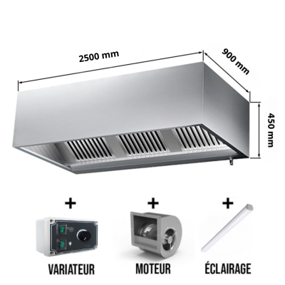 Hotte caisson avec moteur 2500x900x450 mm avec variateur, éclairage, filtre et robinet de vidange (Puissant) PREMIUM / GOLDINOX