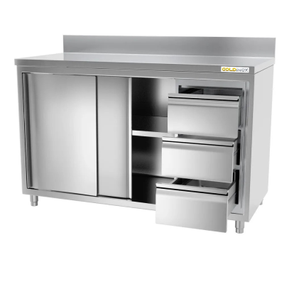 Meuble bas inox 1400 x 600 mm adossée avec 3 tiroirs droit ECO / GOLDINOX