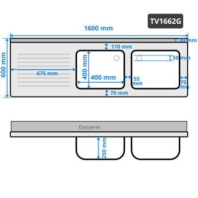 Plonge lave-vaisselle inox 2 bacs - 1600 x 600 mm égouttoir gauche PREMIUM / GOLDINOX Plonge lave-vaisselle inox 2 bacs - 1600 x 600 mm égouttoir gauche PREMIUM / GOLDINOX