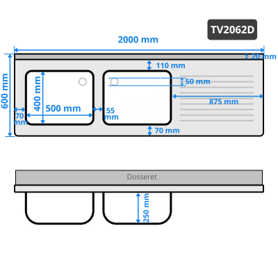 Plonge lave-vaisselle inox 2 bacs - 2000 x 600 mm égouttoir droite PREMIUM / GOLDINOX
