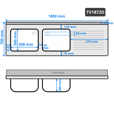 Plonge lave-vaisselle inox 2 bacs - 1800 x 700 mm égouttoir droite PREMIUM / GOLDINOX