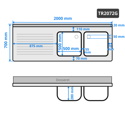 Plonge inox 2 bacs - 2000 x 600 mm égouttoir gauche ECO / GOLDINOX Plonge inox 2 bacs - 2000 x 600 mm égouttoir gauche ECO / GOLDINOX