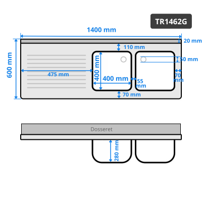 Plonge inox 1400x600mm avec 2 bacs à droite et égouttoir à gauche PREMIUM - GOLDINOX Plonge inox 1400x600mm avec 2 bacs à droite et égouttoir à gauche PREMIUM - GOLDINOX