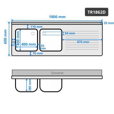 Plonge inox 2 bacs - 1800 x 600 mm égouttoir droite PREMIUM / GOLDINOX 