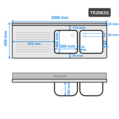 Plonge inox 2 bacs - 2000 x 600 mm égouttoir gauche PREMIUM / GOLDINOX Plonge inox 2 bacs - 2000 x 600 mm égouttoir gauche PREMIUM / GOLDINOX