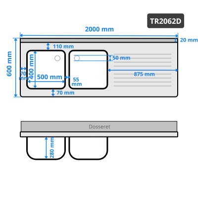 Plonge inox 2 bacs - 2000 x 700 mm égouttoir droite PREMIUM / GOLDINOX Plonge inox 2 bacs - 2000 x 700 mm égouttoir droite PREMIUM / GOLDINOX