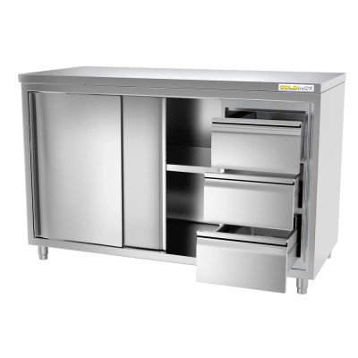 Meuble bas inox 1400x600 mm avec 3 tiroirs à droite IDEAL - GOLDINOX
