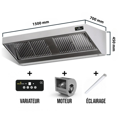 Hotte murale avec moteur 1500x700x450mm avec variateur, éclairage, filtre et robinet de vidange (Puissant) PREMIUM / GOLDINOX