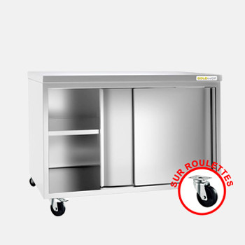 Meuble bas inox sur roulettes avec portes coulissantes profondeur 600 mm