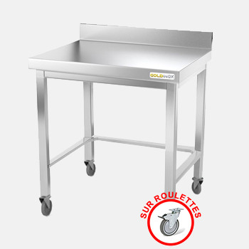Table de travail inox sur roulettes avec renfort et dosseret profondeur 500 mm