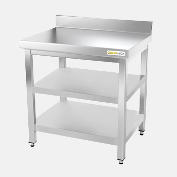 Table de travail inox avec 2 étagères inférieures et dosseret profondeur 600 mm