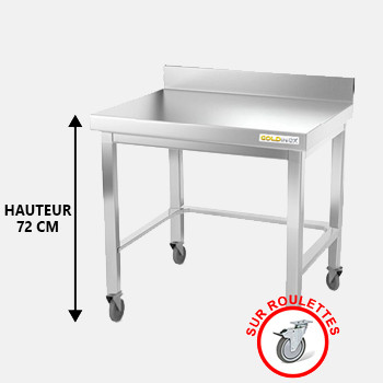  Table de travail inox soubassement sur roulettes avec renfort et dosseret profondeur 500 mm