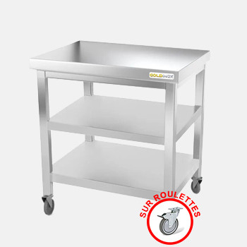 Table de travail inox sur roulettes avec 2 étagères inférieures profondeur 700 mm