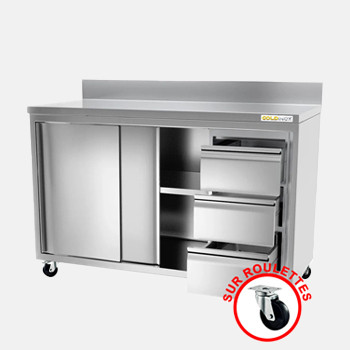 Meuble bas inox sur roulettes avec portes coulissantes 3 tiroirs et dosseret profondeur 700 mm
