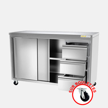 Meuble bas inox sur roulettes avec portes coulissantes et 3 tiroirs profondeur 700 mm