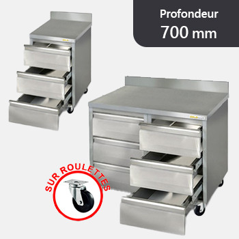 Meuble tiroirs inox sur roulettes avec dosseret profondeur 700 mm