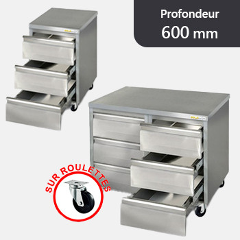 Meuble tiroirs inox sur roulettes profondeur 600 mm