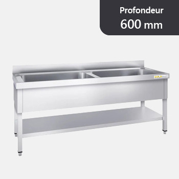Plonge inox 2 grandes cuves - Profondeur 600 mm