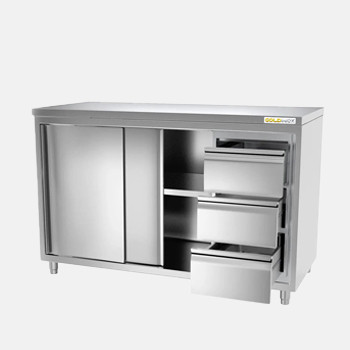 Meuble bas inox avec portes coulissantes et 3 tiroirs profondeur 700 mm