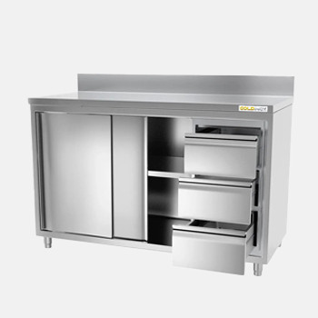 Meuble bas inox avec portes coulissantes 3 tiroirs et dosseret profondeur 700 mm